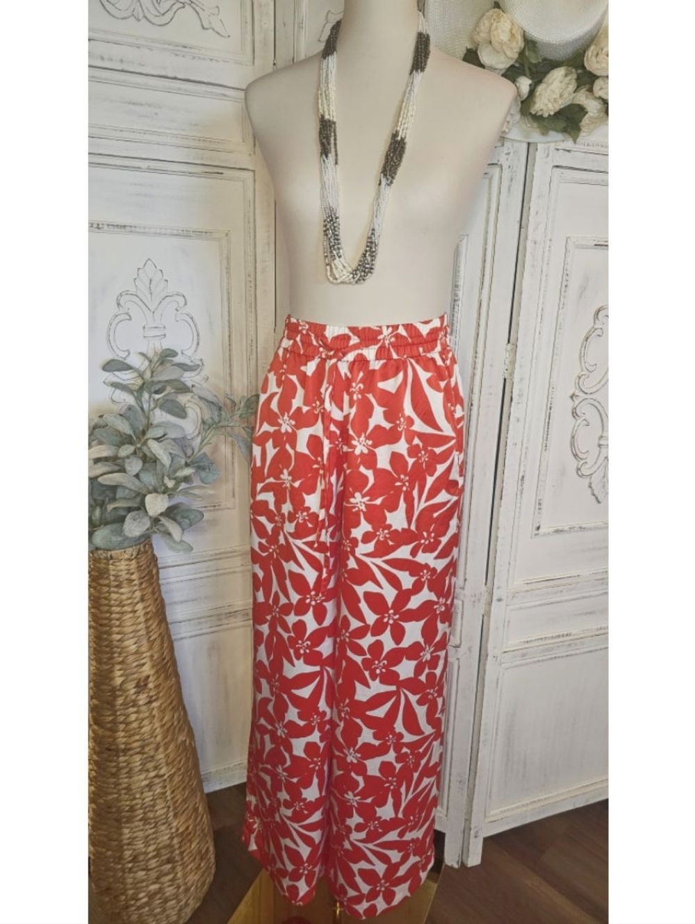 Loft Plumeria Red White Pull On Wide Leg Pants